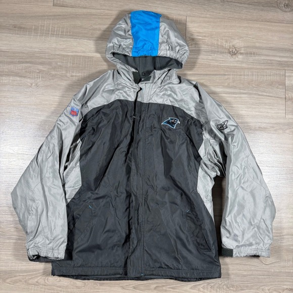 VTG Reebok Carolina Panthers NFL Hooded Windbreaker Coat Jacket‎ LinedMen XL